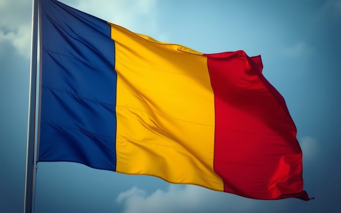 Romanian flag waving against a clear blue sky