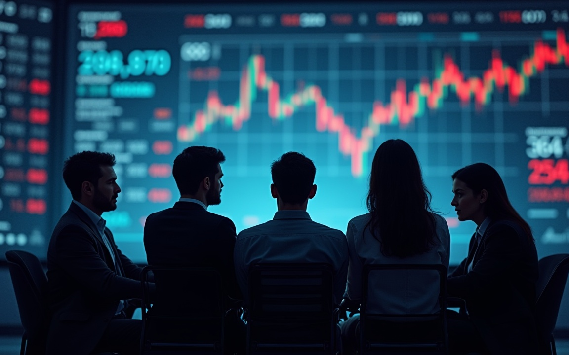 Group of financial analysts seated in front of a large screen displaying stock market charts and red price drops.