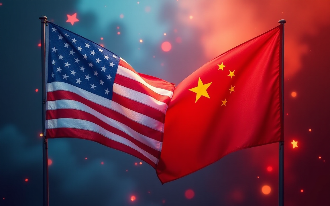 American and Chinese flags facing each other against a dramatic backdrop symbolizing tensions