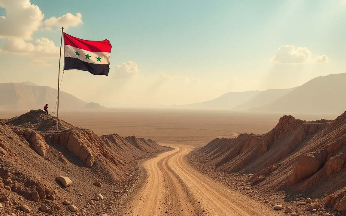 Syrian flag waving over a desert landscape with a distant city skyline in the background.