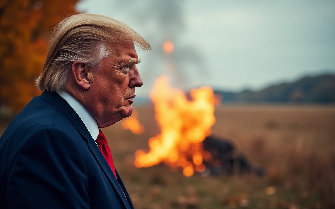 Donald Trump in profile with flames burning in the background during a tense outdoor scene.