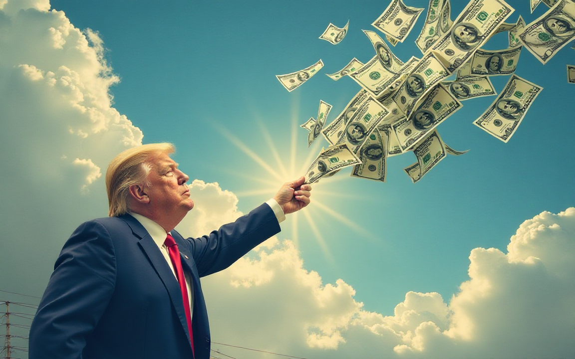 Donald Trump reaching into the sky as US dollar bills fly through the air, symbolizing his claims about tariff-driven economic gains