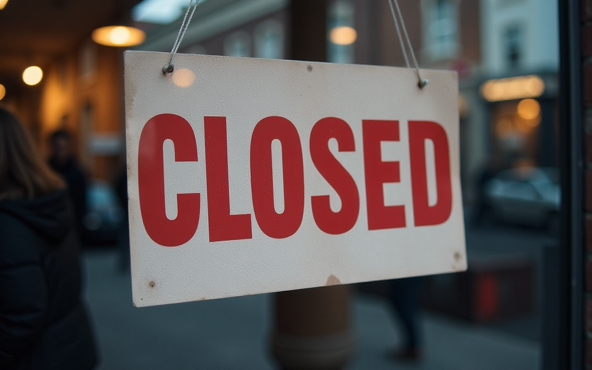 Closed sign hanging outside a small business, symbolizing labor shortages and economic strain in the US job market