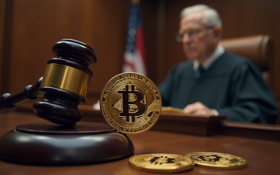 Judge with gavel and Bitcoin symbol representing cryptocurrency regulation in a courtroom