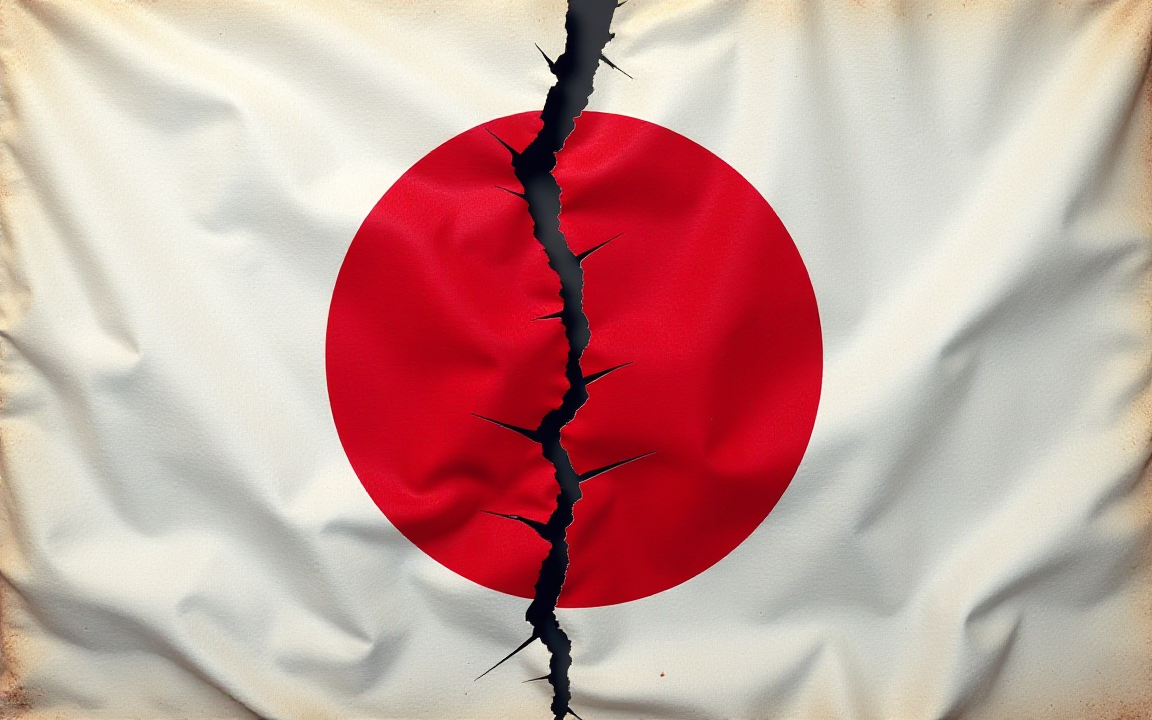 Cracked Japanese flag symbolizing political instability and economic uncertainty in Japan.
