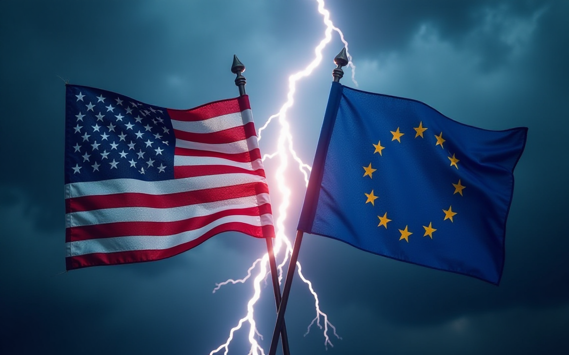 US and EU flags face off with lightning in background, symbolizing rising trade tensions and tariff conflict in 2025