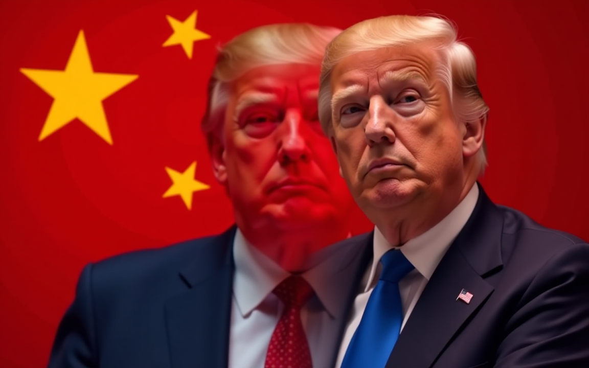 Donald Trump in front of Chinese flag, symbolizing US-China tech tensions and AI chip export reversal in 2025