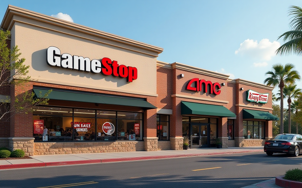 Storefronts of GameStop, AMC, and Krispy Kreme in a shopping plaza, representing popular meme stock companies