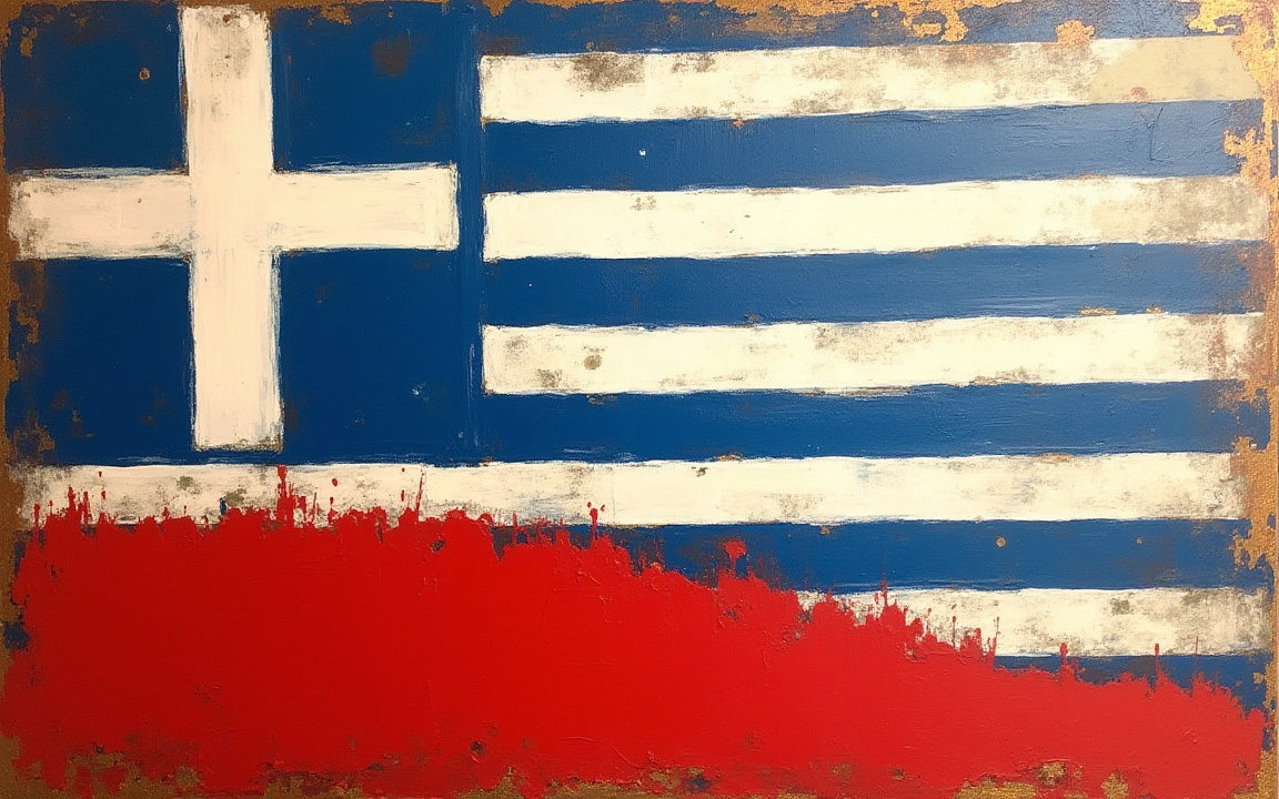 Distressed Greek flag artwork with red paint symbolizing economic crisis